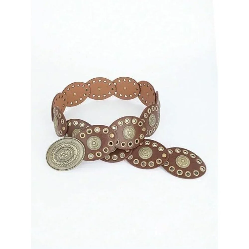 Women's Wide Western Disc Belt Vintage Cowgirl Concho Leather Belts Boho Style - Picture 5 of 6